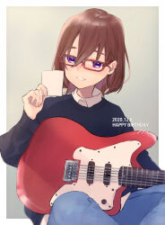 Rule 34 | 1girl, brown hair, collared shirt, dated, denim, electric guitar, glasses, grin, guitar, happy birthday, highres, holding, holding instrument, holding paper, indian style, indie virtual youtuber, instrument, jeans, kashino tsukune, naname (7name), pants, paper, purple eyes, red-framed eyewear, shirt, short hair, sitting, smile, solo, sweater, virtual youtuber