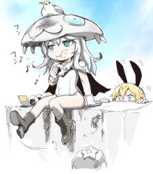 Rule 34 | 10s, 2girls, abyssal ship, blonde hair, blue eyes, bodysuit, crab, eating, food, gloves, hair ornament, ikusotsu, kantai collection, long hair, monster, multiple girls, onigiri, pale skin, personification, shimakaze (kancolle), silver hair, solo focus, wo-class aircraft carrier