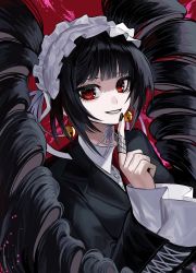 Rule 34 | 1girl, absurdres, black hair, black jacket, black nails, celestia ludenberg, center frills, collared shirt, danganronpa: trigger happy havoc, danganronpa (series), drill hair, earrings, frills, grin, highres, index finger raised, jacket, jewelry, long fingers, long hair, long sleeves, nail polish, necktie, nongxy nonshi, red background, red eyes, red necktie, shirt, smile, teeth, twin drills, twintails, upper body, white shirt