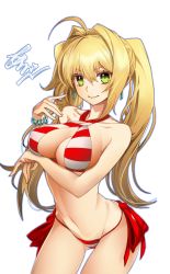 Rule 34 | &gt;:), 1girl, ahoge, arched back, arikanrobo, bare arms, bare shoulders, bikini, blonde hair, blush, breast hold, breasts, cleavage, collarbone, cowboy shot, criss-cross halter, fate/grand order, fate (series), green eyes, groin, hair intakes, halterneck, highres, large breasts, leaning forward, long hair, looking at viewer, navel, nero claudius (fate), nero claudius (fate) (all), nero claudius (swimsuit) (fate), nero claudius (swimsuit caster) (fate), side-tie bikini bottom, simple background, smile, solo, stomach, striped bikini, striped clothes, swimsuit, twintails, v-shaped eyebrows, white background