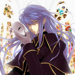 Rule 34 | 1boy, bishounen, closed mouth, gloves, hair down, holding, kamui gakupo, long hair, male focus, mask, unworn mask, mouri, purple eyes, purple hair, solo, upper body, vocaloid, white gloves