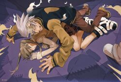Rule 34 | 1girl, 2boys, ann yasu d, blonde hair, closed eyes, commentary, english commentary, gloves, highres, jacket, long hair, long sleeves, looking at viewer, multiple boys, object through head, pants, plaid, plaid skirt, protecting, red eyes, screw in head, shirt, short hair, skirt, soul eater, soul evans, teeth, twintails, white gloves, white hair
