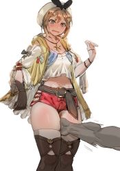Rule 34 | 1boy, 1girl, atelier (series), atelier ryza, atelier ryza 1, belt, belt buckle, between legs, bloom, blush, bow (bhp), breasts, brown eyes, brown hair, buckle, cleavage, clothing cutout, commentary request, crop top, crop top overhang, embarrassed, furrowed brow, gloves, gold trim, hand between legs, hand up, hetero, jewelry, large belt, large breasts, legs together, medium breasts, micro shorts, motion blur, navel, necklace, red shorts, reisalin stout, short hair, short shorts, shorts, side cutout, single glove, sketch, solo focus, star (symbol), star necklace, surprised arms, thick thighs, thighhighs, thighs, wavy mouth