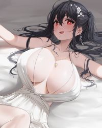 Rule 34 | 1girl, absurdres, azur lane, bare shoulders, bbolalus, bed sheet, black hair, breasts, collarbone, dress, earrings, fang, flower, hair between eyes, hair flower, hair ornament, heart, heart-shaped pupils, highres, huge breasts, jewelry, long hair, looking at viewer, lying, messy hair, necklace, official alternate costume, on back, open mouth, outstretched arms, red eyes, sidelocks, sleeveless, solo, symbol-shaped pupils, taihou (azur lane), taihou (temptation on the sea breeze) (azur lane), thighs, very long hair, white dress