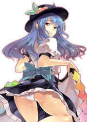 Rule 34 | 1girl, ass, blue hair, clothes lift, dress, dress lift, female focus, food, from behind, fruit, hat, hinanawi tenshi, long hair, looking back, miya9, panties, peach, solo, thighs, touhou, underwear