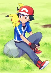 Rule 34 | 1boy, ame (ame025), ash ketchum, baseball cap, black gloves, black hair, blue jacket, brown eyes, closed mouth, collared jacket, creatures (company), day, fingerless gloves, game freak, gen 1 pokemon, gloves, grass, grey pants, hat, jacket, looking back, male focus, nintendo, outdoors, pants, pikachu, pokemon, pokemon (anime), pokemon (creature), pokemon on back, pokemon xy (anime), popped collar, red footwear, red headwear, rock, shoes, short hair, short sleeves, sitting, smile