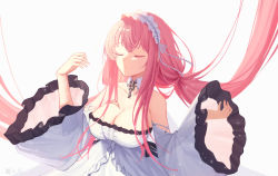 Rule 34 | 1girl, azur lane, bare shoulders, breasts, center frills, cleavage, closed eyes, detached collar, detached sleeves, dress, frilled hairband, frills, hairband, jewelry, key, key necklace, large breasts, layered dress, long hair, moli qiyue, necklace, perseus (azur lane), pink hair, simple background, solo, strapless, strapless dress, twintails, very long hair, white background, white hairband, wide sleeves