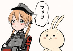 Rule 34 | 1girl, anchor hair ornament, aqua eyes, artist self-insert, blonde hair, blush stickers, camouflage, chiikawa, commentary request, grey headwear, hair ornament, hat, kantai collection, long hair, low twintails, military, military hat, military uniform, original, peaked cap, prinz eugen (kancolle), rabbit, thinking, twintails, uniform, upper body, white background, wss (nicoseiga19993411)