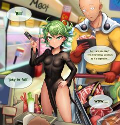 Rule 34 | 1boy, 1girl, absurdres, breasts, food, green eyes, green hair, grocery store, highres, meat, navel, one-punch man, rkrk12, saitama (one-punch man), short hair, skin tight, small breasts, tatsumaki, thighs
