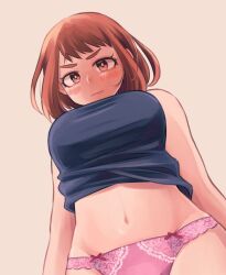 Rule 34 | 1girl, angry, bare shoulders, belly, black shirt, blouse, blush, boku no hero academia, bow, bow panties, breasts, brown eyes, brown hair, clothes lift, commentary, from below, groin, highres, large breasts, looking at viewer, navel, panties, pink panties, shirt, shirt lift, short hair, simple background, solo, symbol-only commentary, tabetai omochi, underwear, uraraka ochako, white background