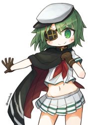 Rule 34 | &gt;:), 10s, 1girl, cape, contrapposto, cowboy shot, eyepatch, flat cap, gloves, green eyes, green hair, hat, kantai collection, kiso (kancolle), kiso kai ni (kancolle), miniskirt, nanatsuta, navel, neckerchief, outstretched arm, outstretched hand, pleated skirt, sailor, short hair, skirt, solo, standing, stomach, twitter username, v-shaped eyebrows, white background