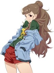 Rule 34 | 1girl, blue jacket, blunt bangs, blush, braid, braided bun, brown hair, commentary request, cowboy shot, green shirt, hair bun, hair over shoulder, hands in pockets, highres, idolmaster, idolmaster cinderella girls, jacket, kamiya nao, leaning back, light blush, long hair, looking at viewer, off shoulder, open clothes, open jacket, red eyes, red shorts, shirt, shorts, sieru, simple background, smile, solo, standing, star (symbol), star print, thick eyebrows, wavy hair, white background