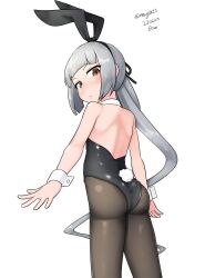 Rule 34 | 1girl, absurdres, alternate costume, animal ears, ass, back, black leotard, bow, bowtie, brown eyes, dated, detached collar, fake animal ears, from behind, grey hair, highres, kantai collection, kasumi (kancolle), leotard, long hair, looking at viewer, looking back, maru (marg0613), pantyhose, playboy bunny, rabbit ears, rabbit tail, side ponytail, simple background, solo, strapless, strapless leotard, tail, white background, wrist cuffs
