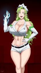 Rule 34 | 1girl, belt, bleach, bleach: sennen kessen-hen, breasts, candice catnipp, cleavage, electricity, electrokinesis, fang, forehead, green eyes, green hair, hair between eyes, hand on own hip, hand up, hat, highres, large breasts, lightning, long hair, navel, open mouth, peaked cap, short shorts, shorts, thighs, twrlare, wandenreich uniform