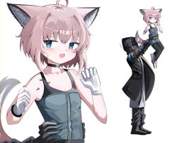 Rule 34 | 1girl, 1other, absurdres, ahoge, animal ears, arknights, bare shoulders, black choker, black footwear, black jacket, black pants, black pantyhose, blue dress, blush, breasts, brown hair, choker, cleavage, closed mouth, collarbone, doctor (arknights), dress, flying sweatdrops, fox ears, fox girl, fox tail, gloves, highres, hood, hood up, hooded jacket, jacket, lifting person, open clothes, open jacket, open mouth, pants, pantyhose, shirt, shoes, simple background, sleeveless, sleeveless dress, small breasts, spam (spamham4506), sussurro (arknights), sweat, tail, white background, white footwear, white gloves, white shirt