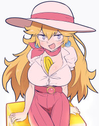 Rule 34 | 1girl, ? block, absurdres, alternate breast size, arms at sides, belt, between breasts, blonde hair, blue eyes, blush, breasts, buttons, cleavage, coin, collared shirt, cowboy shot, earrings, female focus, grey background, hair flaps, happy, hat, hat ribbon, high-waist skirt, highres, jewelry, kurachi mizuki, large breasts, long hair, looking at viewer, mario (series), naughty face, neckerchief, nintendo, open mouth, pink gemstone, pink neckerchief, pink ribbon, pink skirt, princess peach, princess peach (vacation), puffy short sleeves, puffy sleeves, ribbon, sexually suggestive, shirt, shirt tucked in, short sleeves, sidelocks, simple background, sitting, skirt, smile, solo, sphere earrings, sun hat, super mario odyssey, v-shaped eyebrows, white hat, white shirt