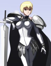 Rule 34 | 1girl, armor, blonde hair, breastplate, breasts, brown eyes, cape, clare (claymore), claymore (series), claymore (sword), faulds, gauntlets, impossible armor, morganagod, pantyhose, pauldrons, short twintails, shoulder armor, solo, twintails, white pantyhose