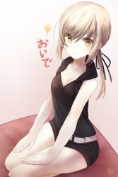 Rule 34 | 1girl, :&lt;, artist name, artoria pendragon (all), artoria pendragon (fate), belt, black ribbon, black shirt, blonde hair, blush, breasts, cleavage, closed mouth, fate/stay night, fate (series), gradient background, hair ribbon, highres, long hair, looking at viewer, low ponytail, medium breasts, nekodayo22, official alternate costume, pillow, platinum blonde hair, ponytail, ribbon, saber alter, saber alter (ver. shinjuku 1999) (fate), seiza, shirt, shorts, sidelocks, signature, sitting, sleeveless, sleeveless shirt, solo, thighs, yellow eyes