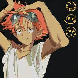 Rule 34 | 1girl, androgynous, black background, blush stickers, closed mouth, collarbone, cowboy bebop, edward wong hau pepelu tivrusky iv, goggles, goggles on head, highres, kagyuu y, looking up, messy hair, orange hair, reverse trap, shadow, shirt, short hair, smile, solo, upper body, white shirt