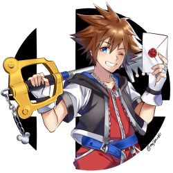 Rule 34 | 1boy, blue eyes, brown hair, fingerless gloves, gloves, highres, hood, jewelry, keyblade, kingdom hearts, kingdom hearts i, looking at viewer, maji (majibomber), male focus, necklace, nintendo, open mouth, short hair, smash invitation, smile, solo, sora (kingdom hearts), spiked hair, super smash bros.