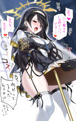 Rule 34 | 1girl, black hair, blue archive, breasts, bulbonne, commentary request, cross, cross earrings, crotch rub, earrings, female masturbation, halo, highres, hinata (blue archive), jewelry, large breasts, long hair, long sleeves, masturbation, nun, open mouth, paid reward available, revision, saliva, solo, speech bubble, standing, table, table humping, thick thighs, thighhighs, thighs, translated, white thighhighs, yellow halo