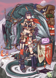 Rule 34 | 1girl, :o, arm guards, armor, armored boots, back, belt, belt pouch, bikini armor, black eyes, black footwear, black hair, blue eyes, blush, boots, breastplate, breath, brooch, brown gloves, buckle, chestnut mouth, dragon, elbow gloves, fang, fantasy, feathers, flag, flower, full body, fur trim, garter straps, gas mask, gem, gloves, gradient hair, green panties, headpiece, holster, horns, hose, jewelry, knee boots, liquid, long hair, mask, midriff, monster, mountain, multicolored hair, navel, negishi hideto, open mouth, original, panties, pocket, pouch, purple eyes, purple hair, red eyes, red scarf, red thighhighs, rock, saddle, scales, scarf, single thighhigh, snow, solo, staff, standing, stomach, swimsuit, tassel, test tube, thigh holster, thigh strap, thighhighs, tooth, underwear, very long hair, wand, weapon