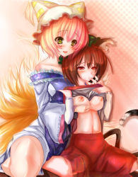 Rule 34 | 2girls, animal ears, blonde hair, blush, breast hold, breasts, brown eyes, brown hair, cat ears, cat girl, cat tail, chen, clothes lift, collarbone, covered erect nipples, female focus, finger in another&#039;s mouth, finger sucking, flukelack, fox ears, fox tail, highres, large breasts, multiple girls, nipples, no bra, red eyes, shirt lift, sitting, skirt, tail, touhou, wariza, yakumo ran, yellow eyes, yuri