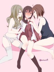 Rule 34 | 3girls, age difference, aqua eyes, assisted exposure, bad id, bad twitter id, barefoot, blush, bra, brown eyes, brown hair, clothes lift, dress, dress lift, fang, frilled bra, frills, from side, funami yui, garter belt, girl sandwich, hand on another&#039;s chin, highres, kamiki uutarou, kitamiya hatsumi, kneehighs, lifting another&#039;s clothes, lingerie, long hair, minamino tsubasa, multiple girls, naughty face, navel, no pants, no shoes, onee-loli, open clothes, panties, pink background, profile, purple eyes, sailor dress, sandwiched, school uniform, serafuku, short hair, simple background, socks, sweat, tank top, teacher and student, thighhighs, twitter username, underwear, underwear only, wavy hair, wavy mouth, white bra, white legwear, white panties, yuri, yuru yuri