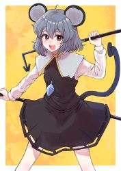 Rule 34 | 1girl, :d, animal ears, black dress, commentary request, crystal, dowsing rod, dress, feet out of frame, grey hair, hair between eyes, highres, holding, long sleeves, looking at viewer, mouse ears, mouse girl, mouse tail, nayuhi (yukimuu14), nazrin, open mouth, red eyes, shirt, sleeveless, sleeveless dress, smile, solo, standing, tail, teeth, touhou, upper teeth only, white shirt