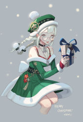 Rule 34 | 1girl, black bow, black choker, blue bow, bow, bra, braid, breasts, choker, cleavage, dayoungbyun, dress, fingernails, gift, glasses, green dress, green hat, green nails, grey background, hair bow, hat, highres, holding, holding gift, long sleeves, looking at viewer, medium breasts, merry christmas, nail polish, original, red bra, red nails, simple background, solo, transparent eyewear, twin braids, underwear, white eyes
