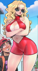 Rule 34 | 1boy, 1girl, 2023, backpack, bag, bare shoulders, blonde hair, blue sky, breasts, building, cloud, commentary, crop top, crossed arms, day, dress, drooling, english commentary, eymbee, golden boy, hat, heart, heart-shaped pupils, highres, large breasts, leaning to the side, long hair, looking at viewer, low ponytail, navel, nostrils, onna shachou, ooe kintarou, open mouth, outdoors, red dress, red headwear, red shorts, saliva, shorts, sky, standing, symbol-shaped pupils, teeth, thighs, twitter username, upper teeth only, wavy hair