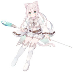 Rule 34 | 1girl, :o, animal ear fluff, animal ears, belt, blush, boots, brown belt, cat ears, cat girl, cat tail, commentary request, crystal, fingernails, full body, green eyes, hair between eyes, highres, holding, holding staff, jacket, jumpsuit, long hair, long sleeves, looking at viewer, navel, original, parted lips, short jumpsuit, silver hair, simple background, solo, staff, tail, thigh boots, thighhighs, tokuno yuika, very long hair, white background, white footwear, white jacket, white jumpsuit, white thighhighs, wide sleeves
