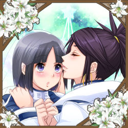 Rule 34 | 10s, 2girls, :o, black hair, blush, earrings, closed eyes, female focus, flower, folded ponytail, hand on another&#039;s face, hand on another&#039;s shoulder, hands together, hong (terra formars), hoop earrings, imminent kiss, jacket, jewelry, kiraki, lips, lipstick, looking at another, makeup, multiple girls, open mouth, parted lips, purple eyes, short hair, shy, smile, sparkle, star (symbol), terra formars, uniform, veil, xi chun-li, yuri