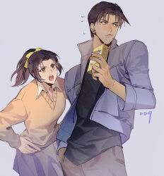 Rule 34 | 1boy, 1girl, black hair, commentary request, cowboy shot, dark-skinned male, dark skin, drinking straw, flying sweatdrops, hair ribbon, hand in pocket, hand on own hip, hattori heiji, holding, jacket, looking to the side, meitantei conan, numbered, open clothes, open jacket, open mouth, ponytail, purple background, ribbon, screaming, shirt, sidelocks, simple background, skirt, tooyama kazuha, yellow ribbon, yoshicha