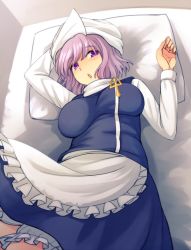 Rule 34 | 1girl, :o, apron, blue dress, breasts, dress, head scarf, large breasts, letty whiterock, light purple hair, long sleeves, looking at viewer, lying, on back, on bed, pillow, purple eyes, short hair, solo, touhou, urin, waist apron