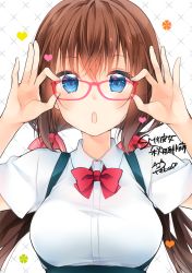 Rule 34 | 1girl, :o, adjusting eyewear, blue eyes, bow, breasts, brown hair, character request, collared shirt, commentary request, copyright request, glasses, hair bow, heart, highres, large breasts, looking at viewer, peke (xoxopeke), red-framed eyewear, red bow, red neckwear, shirt, short sleeves, signature, skirt, solo, suspender skirt, suspenders, twintails, underbust, white shirt