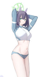 Rule 34 | 1girl, animal ears, arms up, blue archive, blunt ends, blush, breasts, fake animal ears, groin, halo, happy05x, highres, looking at viewer, medium breasts, navel, no headwear, official alternate costume, purple eyes, rabbit ears, rash guard, saki (blue archive), saki (swimsuit) (blue archive), short hair, simple background, solo, stomach, white background