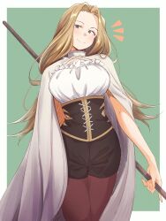 Rule 34 | 1girl, black eyes, black shorts, blush, breasts, brown pantyhose, cloak, closed mouth, commentary, corset, cowboy shot, criss-cross halter, eitopondo, forehead, frilled shirt, frills, green background, halterneck, highres, holding, holding staff, large breasts, light brown hair, long hair, looking at viewer, methode (sousou no frieren), notice lines, pantyhose, parted bangs, shirt, shirt tucked in, shorts, simple background, smile, solo, sousou no frieren, staff, standing, underbust, white cloak, white shirt