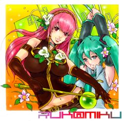 Rule 34 | 2girls, arms up, bad id, bad pixiv id, belt, character name, choker, detached sleeves, elbow gloves, flower, gloves, green eyes, green hair, groin, hair flower, hair ornament, hatsune miku, lips, megurine luka, multiple girls, navel, necktie, pink hair, red eyes, twintails, vocaloid