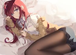 Rule 34 | 1girl, bad id, bad pixiv id, black pantyhose, black shorts, blue eyes, breasts, collared shirt, highres, jacket, legs together, light, long hair, long sleeves, looking at viewer, lying, makise kurisu, medium breasts, necktie, off shoulder, on side, pantyhose, red hair, red necktie, shirt, short shorts, shorts, signature, simple background, solo, steins;gate, tr (hareru), white background, white shirt