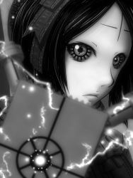 Rule 34 | 1girl, aiming, aiming at viewer, blame!, blame gakuen!, blurry, bow, bowtie, close-up, closed mouth, depth of field, electricity, expressionless, facial tattoo, graviton beam emitter, greyscale, hairband, j-unit (lilykiss), lips, looking at viewer, monochrome, safeguard (blame!), sanakan, short hair, shoulder pads, solo, tattoo, upper body