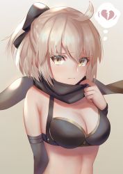 Rule 34 | 1girl, absurdres, ahoge, bad id, bad twitter id, bare shoulders, bikini, bikini top only, black bikini, black bow, black scarf, blonde hair, bow, breasts, check commentary, cleavage, commentary request, dolce (dolsuke), elbow gloves, eyes visible through hair, fate/grand order, fate (series), gloves, hair bow, highres, medium breasts, okita j. souji (first ascension) (fate), okita souji (fate), okita souji (koha-ace), sad, scarf, short hair, solo, swimsuit, tan background, tearing up, tears, wristband, yellow eyes