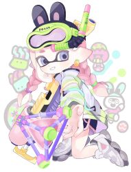 Rule 34 | 1girl, carrot earrings, commentary, earrings, food-themed earrings, food themed earrings, goggles, goggles on head, green-framed eyewear, gun, highres, holding, holding gun, holding weapon, inkling, inkling girl, inkling player character, jewelry, long hair, milooici, nintendo, pink hair, pointy ears, purple eyes, shoes, smile, snorkel, solo, splat bomb (splatoon), splat charger (splatoon), splatoon (series), splatoon 3, teeth, tentacle hair, weapon, white background