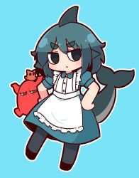 Rule 34 | 1girl, :&lt;, apron, black eyes, black footwear, blue background, blue dress, blue hair, blush, borrowed character, chibi, closed mouth, commentary request, dress, fins, fish tail, frilled apron, frills, fuka-chan, full body, grey pantyhose, hair between eyes, hands on own hips, head fins, highres, naga u, original, outline, pantyhose, puffy short sleeves, puffy sleeves, shark fin, shark girl, shark tail, shoes, short eyebrows, short sleeves, solo, tail, tail raised, thick eyebrows, white apron, white outline