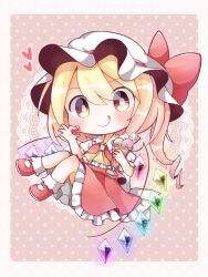 Rule 34 | 1girl, :q, ascot, blonde hair, bobby socks, border, chibi, closed mouth, collared shirt, crystal, flandre scarlet, food, frilled ascot, frilled shirt collar, frilled skirt, frills, fruit, full body, glowing, glowing wings, hair between eyes, hat, hat ribbon, heart, holding, holding food, holding fruit, kokochi, looking at viewer, mary janes, medium hair, mob cap, multicolored wings, one side up, pink background, puffy short sleeves, puffy sleeves, red eyes, red footwear, red ribbon, red skirt, red vest, ribbon, shirt, shoes, short sleeves, simple background, skirt, skirt set, socks, solo, strawberry, tongue, tongue out, touhou, vest, white border, white hat, white shirt, white socks, wings, yellow ascot