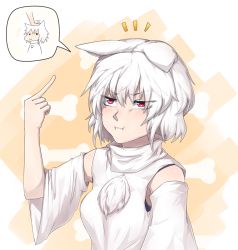 Rule 34 | . ., 1girl, :i, :t, ^^^, animal ears, bare shoulders, blondy (ldlong), bone, breasts, detached sleeves, ears down, headpat, inubashiri momiji, no headwear, pointing, pom pom (clothes), pout, red eyes, short hair, silver hair, solo, speech bubble, spoken character, touhou, wolf ears