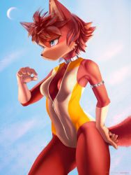 Rule 34 | 1girl, :&lt;, ancesra, animal ears, animal nose, armlet, artist name, bare shoulders, blue background, blue eyes, blue sky, body fur, breasts, closed mouth, collar, collarbone, commission, cowboy shot, day, fang, female focus, fiona fox, fox ears, fox girl, fox tail, furry, furry female, gloves, hand on own hip, hand up, highres, medium breasts, moon, one-piece swimsuit, open swimsuit, outdoors, patreon username, red fur, red hair, short hair, sidelocks, sky, snout, solo, sonic (series), sonic the hedgehog (archie comics), standing, swimsuit, tail, thighs, two-tone fur, two-tone swimsuit, unzipped, v-shaped eyebrows, watermark, web address, white gloves, white one-piece swimsuit, yellow one-piece swimsuit, zipper, zipper pull tab