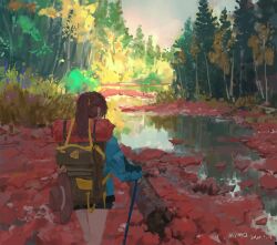 Rule 34 | 1girl, artist name, backpack, bag, black shorts, blue jacket, brown hair, dated, forest, from behind, hat, highres, hiking pole, jacket, long hair, nature, original, outdoors, ponytail, scenery, shade, shorts, solo, tree, xilmo