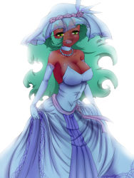 Rule 34 | 10s, 1girl, breasts, colored skin, demon girl, dress, formal, gloves, green eyes, green hair, jewelry, large breasts, long hair, matching hair/eyes, nabe (ingenmame), necklace, open mouth, panty &amp; stocking with garterbelt, pointy ears, red skin, scanty (psg), smile, solo, suit, veil, wedding dress