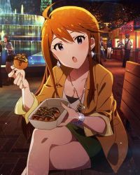 Rule 34 | 10s, 2girls, 4boys, ahoge, bangle, beamed quavers, bench, bracelet, breasts, brown hair, chestnut mouth, cleavage, crossed legs, diamond (gemstone), earrings, eyelashes, food, food stand, fountain, green skirt, holding, holding food, idolmaster, idolmaster million live!, jacket, jewelry, legs, logo, long hair, long sleeves, looking at viewer, multiple boys, multiple girls, musical note, necklace, night, official art, open clothes, open jacket, open mouth, outdoors, pavement, pendant, purple eyes, sidelocks, sitting, skirt, sleeves rolled up, solo focus, sparkle, swept bangs, takoyaki, tokoro megumi, yellow jacket